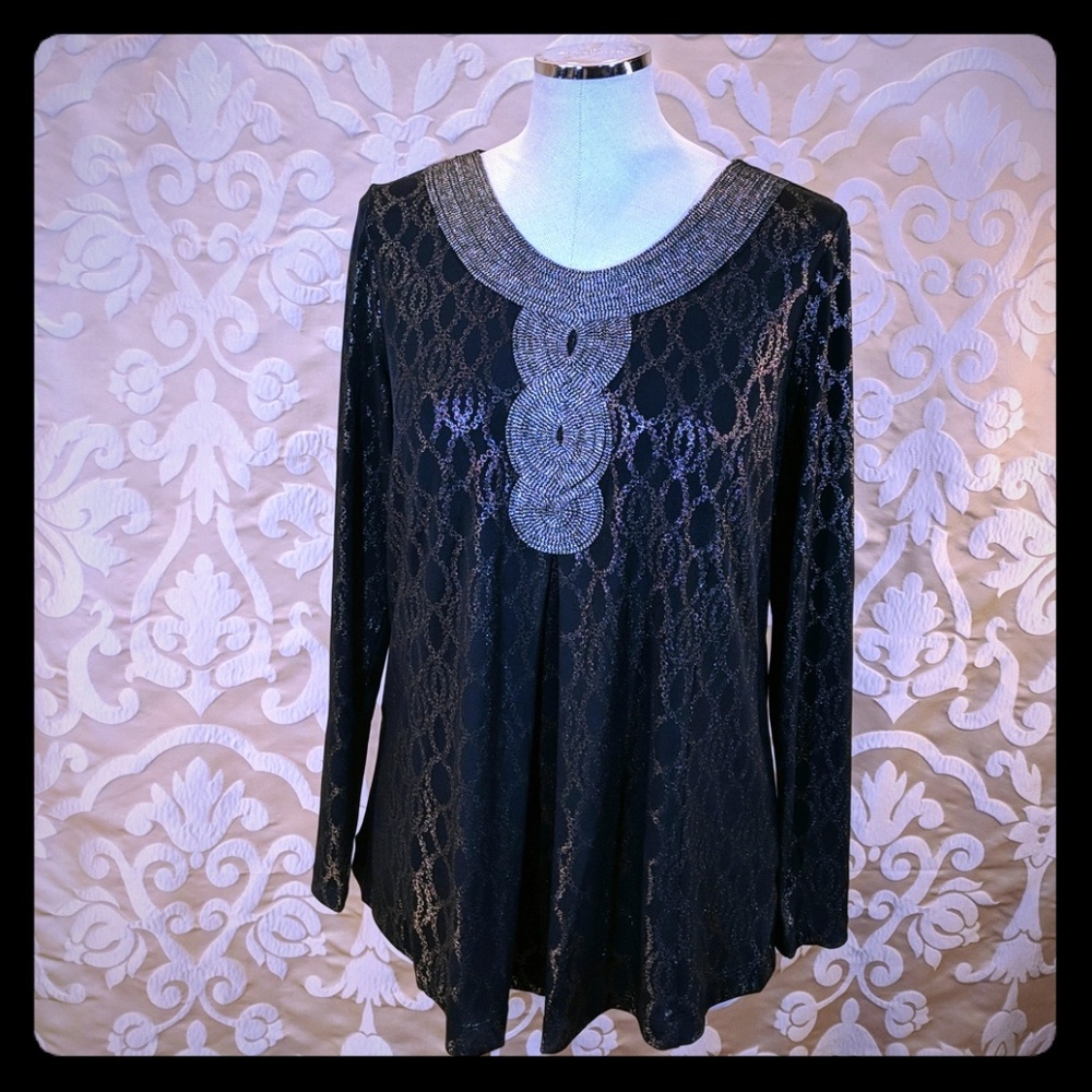 Festive fluid knit long sleeve blouse tunic M